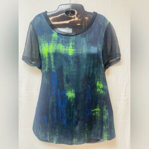 Pretty Elie Tahari Blue Green Watercolor Silk Short Sleeve Blouse/Top, Sz XS!